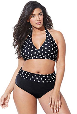 Chuangminghangqi - Bikini acolchado de cintura alta, tallas grandes, traje de baño de dos piezas, estampado y bordado, para natación y playa Lunares 4