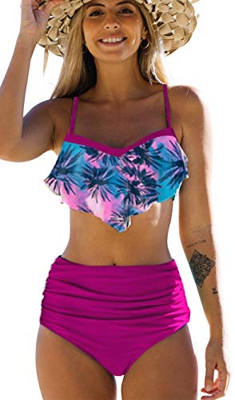 Bikinis Mujer Top con Volantes Braga de Color Liso Traje de Baño Cintura Alta Control de Barriga