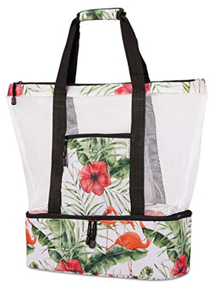 LIVACASA Bolsa de Playa Bolso Grande Mujer de Malla Transpirable Práctica Gran Capacidad Cómodo con Sección Islada para Llevar Bebidas Fríos Bolsa de 