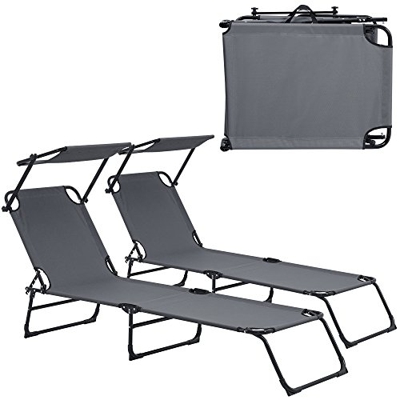casa.pro] Set de 2 tumbonas Plegables 190cm Gris Oscuro con Parasol - Hamaca de Acero para Playa, jardín y Piscina