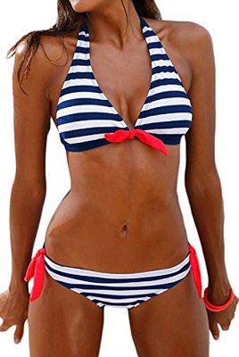 PANOZON Mujer Bikinis Sexy Traje de Baño Colgando al Cuello con Dos Colores Opcionales (Medium, Azul-3)