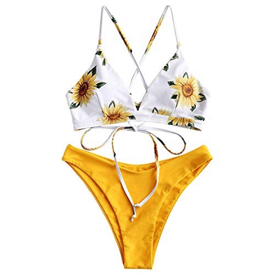 ZAFUL - Conjunto de bikini sexy con estampado de girasoles con cordones cruzados para mujer