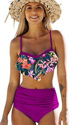 Bikinis Mujer Top con Volantes Braga de Color Liso Traje de Baño Cintura Alta Control de Barriga