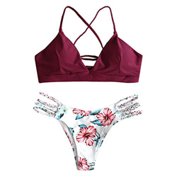 ZAFUL - Bikini floral Leaf Lace Up trenzado, bikini de dos piezas Vino rojo. M precio