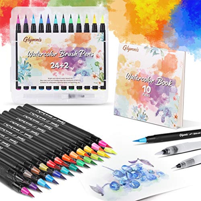 Glymnis Rotuladores Lettering 24 Rotuladores Acuarelables y 2 Cepillo de Agua Rotuladores Punta Pincel de Nylon Rotuladores Pincel con Cuaderno de Dib