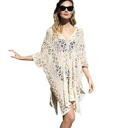 Lazz1on Vestido de Playa Mujer Sexy Cuello en V Pareos y Camisola Manga Larga Crochet de Encaje Traje de Baño Kimono Túnica Bikini Cubierta Ups precio