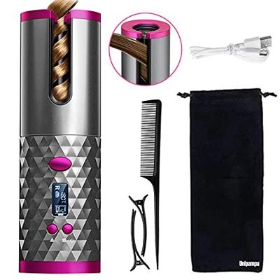 Rizador de Pelo Automático Inalámbrico, Unipampa Tenacillas de Pelo Portátil Ceramica Rizador, Pantalla LCD y Temporizador, 6 Temperaturas Ajustables,