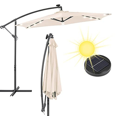 ECD Germany Sombrilla de Jardín con Luz Solar LED Crema Ø300cm Redonda de Alumino Paraguas de Terraza Inclinable-Curvable Regulable Incluye Manivela S