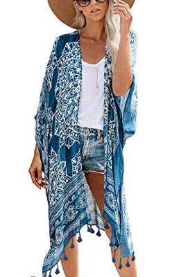Mujeres Verano Kimono Cardigan Casual Ropa de Playa Pareos Retro Impreso Blusa Larga Tops Manga Corta (Talla única, Azul-1)