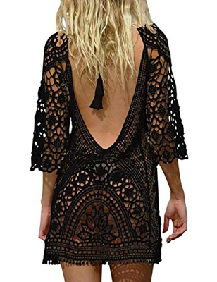 heekpek Mujer Pareos Playa Traje de Baño Vestido de la Playa Bikini Cover up Camisola de Playa Larga Mangas V-Cuello Hueco Borlas Vestido de Kaftan Cr