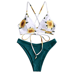ZAFUL - Conjunto de bikini sexy con estampado de girasoles con cordones cruzados para mujer en oferta