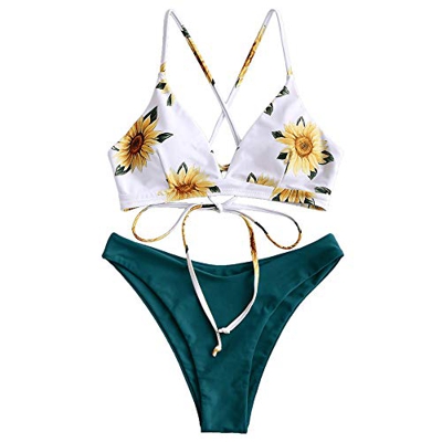 ZAFUL - Conjunto de bikini sexy con estampado de girasoles con cordones cruzados para mujer