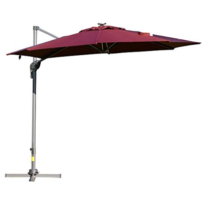 Outsunny Sombrilla de 300 cm de Aluminio Protección UV 50+ Giratorio 360° con Manivela y Luces LED Panel Solar Techo Reclinable Base Cruzada Rojo