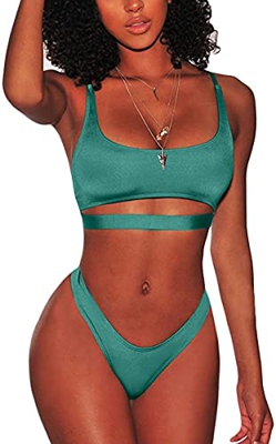 Bikinis Brasileños para Mujer Sexy Conjuntos de Bikini con Tiras Recortadas Tanga de Corte Alto con Escote Redondo Bajo