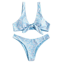 ZAFUL - Conjunto de bikini para mujer, diseño de flores, cintura baja, nudo delantero, dos piezas azul celeste S en oferta