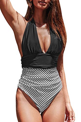 BUOYDM Trajes de una Pieza Mujeres Cintura Alta Rayas Cuello en V de Baño Trajes Bañador Conjunto de Bikini Push up Negro M