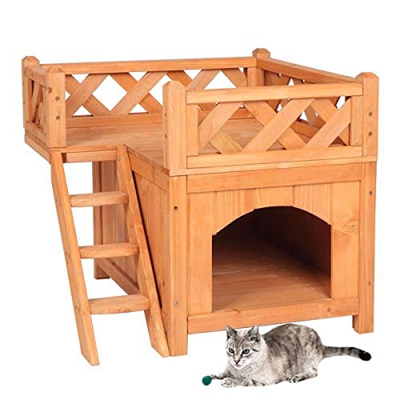 Wooden Haddas - Casa para cachorros y gatos, casa para mascotas con escalera de balcón, resistente a la intemperie, para interior y exterior