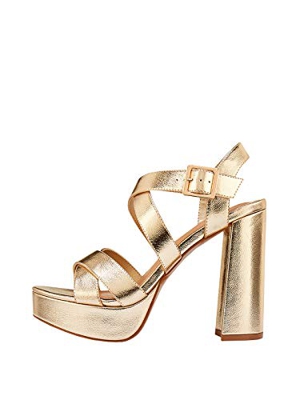 Marypaz, Sandalia tacón metalizada con plataforma multitiras para Mujer Dorado 38 EU