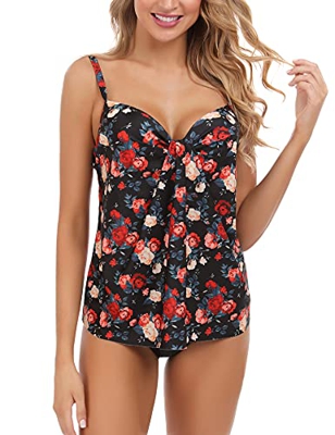 Akalnny Tankinis Traje de Baño de Dos Piezas para Mujer Sexy Drapeado Tank Top + Bikini Briefs(Estampado Negro, L)