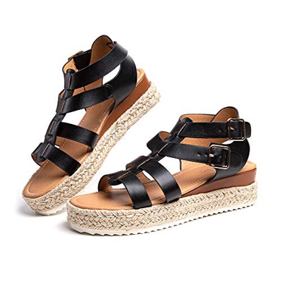Sandalias Mujer Alpargatas Plataformas Romano Cuña Hebilla Gladiador Zapatos Verano Playa Punta Abierta Tacon 5.7cm Correa de Tobillo 5-Negro EU40