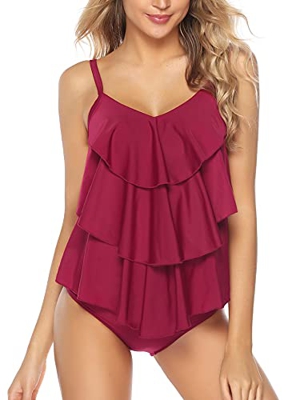 Akalnny Tankinis Traje de Baño de Dos Piezas para Mujer Sexy Drapeado Tank Top + Bikini Briefs(Vino Rojo,L)