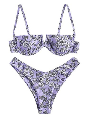 ZAFUL Bikini Set de Dos Piezas Floral Corte Alto Bikini con Arco & V Bañador para Mujer (Morado, S)