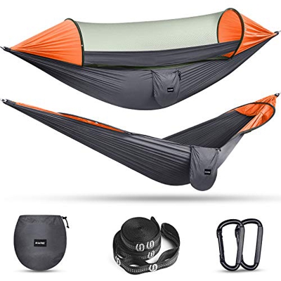 G4Free Hamaca grande de camping con mosquitero para 2 personas, paracaídas ligeras para colgar hamacas con correas para árboles, hamaca para mochilero