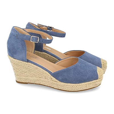 Sandalia de Cuna para Mujer, Estilo Valenciana, Forrada de Yute, con Punta Cerrada, y Cierre de Hebilla, Primavera Verano 2021. Talla 37 Azul