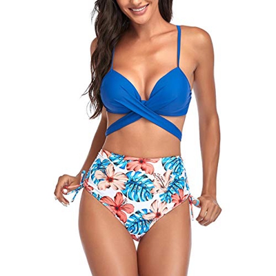 Conjunto de Bikini Mujer Trajes de Baño, Cuello Halter Vendaje Acolchado Push Up Sujetador + Talle Alto Hoja Impresión Atado Lateral Hollow out Tanga 