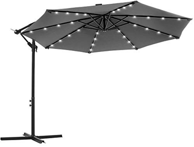 SONGMICS Parasol excéntrico de jardín, con 32 Leds de luz Solar, Sombrilla Ø 3 m con Base, Protección UPF50+, Manivela para Abrir/Cerrar, Terraza/Pati