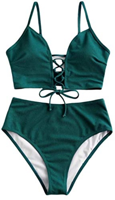 JFAN Mujer Playa Traje de Baño Nudo Delantero de Cintura Alta con Estampado Floral Correas Trenzadas Conjunto de Bikini