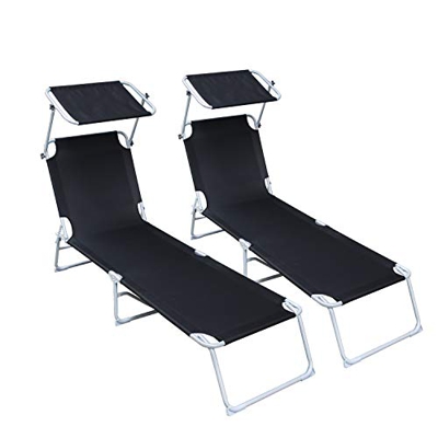 Hengda Set de 2 Tumbona Plegable, Inoxidable,Parasol Ajustable, Capacidad 200 kg, 189x55x27 cm Negro