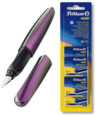 Pelikan Pluma estilográfica Twist en caja plegable, universal para diestros y zurdos, pluma M [Shine Mystic] + juego de 30 cartuchos