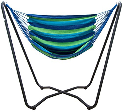 AMANKA Set Completo Soporte de Metal 175x100x155cm Incl Hamaca para Sentarse tumbarse máx 150kg a Rayas Azul y Verde