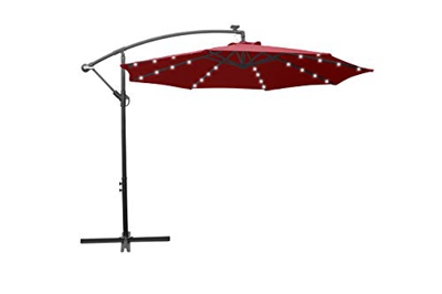 SUNNY GUARD 300cm con iluminación LED Solar Sombrilla Excéntrico Cantilever para, Sombrilla Parasol con Manivela, con Base en Cruz, Rojo