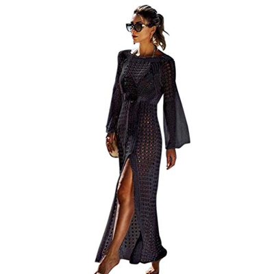 Tacobear Mujer Pareos Playa Traje de Baño Largo Verano Vestido de Playa Sexy Bikini Cover up Camisola de Playa Túnica de Punto (Negro)