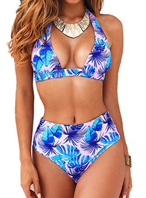 Bikini de Mujer Conjunto de 2 Piezas de Cuello Halter Traje de Baño de Estampado Floral de Cintura Alta para el Verano