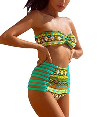 DELEY Mujeres Retro Impresión Floral Talle Alto Halter Brasileño Bandeau Bikini Trajes De Baño Ropa De Playa Color 1 L