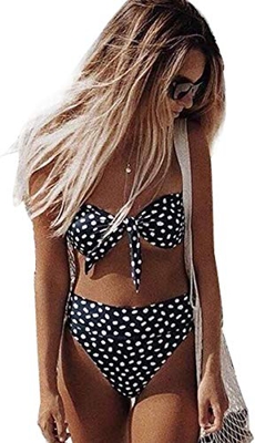 CheChury Mujer Cintura Alta Bandeau Trajes de baño Frente de Nudo de Corbata Bikini de Dos Piezas Lunares/Rayas Amohadillas Bañador