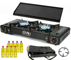 NJ DS-22 - Hornillo doble para camping (2 fuegos, 5 kW, placa de barbacoa, 8 cartuchos de gas, cruz de cocina de gas Phönix, bolsa de transporte) características