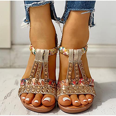 DZQQ Sandalias de Verano para Mujer, Zapatos de cuña con Plataforma Bohemia, Zapatos de Playa de Gladiador de Cristal Roma para Mujer, Banda elástica 