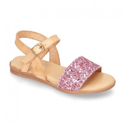 Sandalia Niña Mayor En Piel Con Acabado Glitter. 27 Rosa