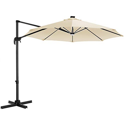 SONGMICS Parasol excéntrico LED, Parasol de jardín Ø 3 m, con UPF 50+, Rotación de 360°, Inclinación Ajustable, Manivela para Abrir y Cerrar, con Base
