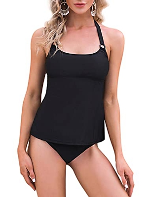 Akalnny Traje Bañador Mujer de Dos Piezas Traje de Baño para Mujer con Barguitas Swimsuit Top Tankini Flores Rayas Clásicas Atado al Cuello para Veran