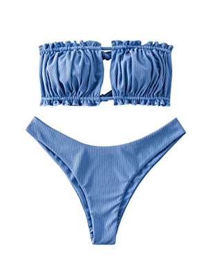 Zaful - Conjunto de bikini para mujer, banda sin hombros, con cordón y traje de baño de color liso con rulos Blu Seta. M