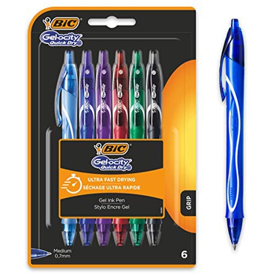 BIC Gel-ocity Quick Dry Bolígrafos de Gel de punta media (0,7mm) - Colores Surtidos, Blíster de 6 Unidades – Bolígrafo retráctil con tinta de secado u