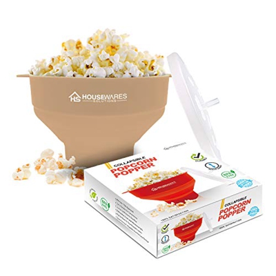 Cuenco plegable de silicona para palomitas de maíz de aire caliente de microondas con tapa y asas (Tan)