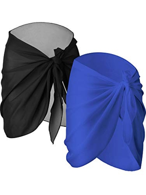 2 Piezas de Pareo de Playa de Mujeres Cubiertas Sarong Falda de Gasa de Bañador (Negro y Azul)