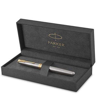 Parker Sonnet - Pluma estilográfica (acero inoxidable, con adorno dorado y plumín mediano, en estuche)
