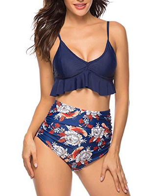 heekpek Bikinis Mujer Braga Alta Conjuntos de Bikinis Volantes Estampados Sexy Traje de baño de Dos Piezas Cuello en V Tiro Alto Swimsuit Mujer Swimwe